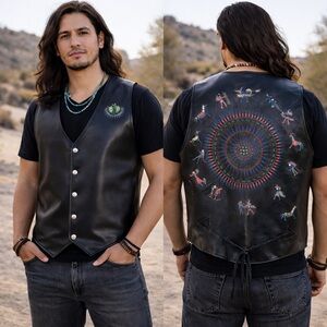 WESTERN NAVAJO HAND PAINTED BLACK LEATHER VEST FROM STAMPEDE RUIDOSO NM SZ LARGE
